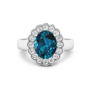 Genuine London Blue Topaz and White Diamond Halo Ring