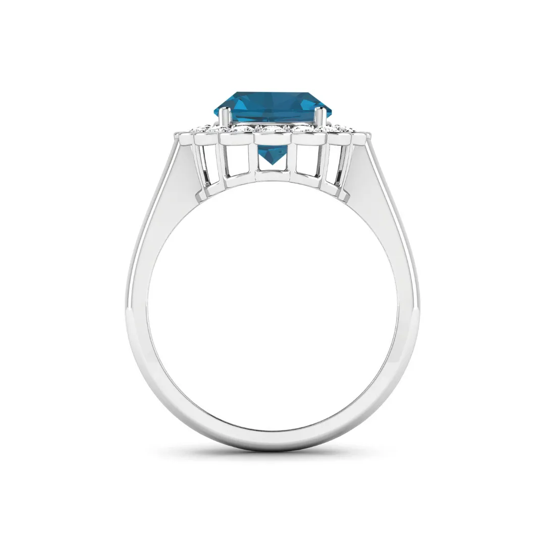 Genuine London Blue Topaz and White Diamond Halo Ring