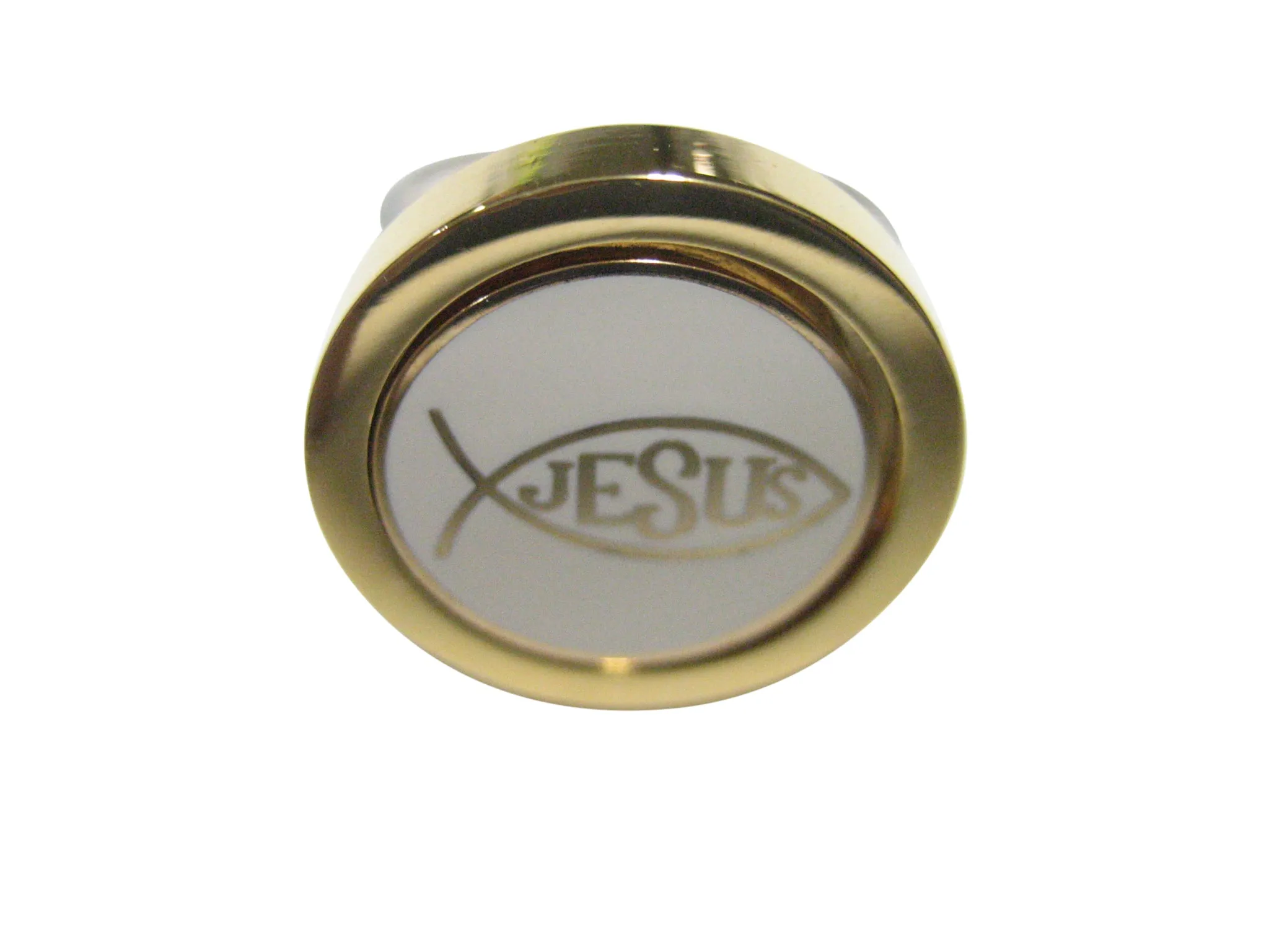 Gold and White Toned Religious Ichthys Jesus Fish Adjustable Size Fashion Ring