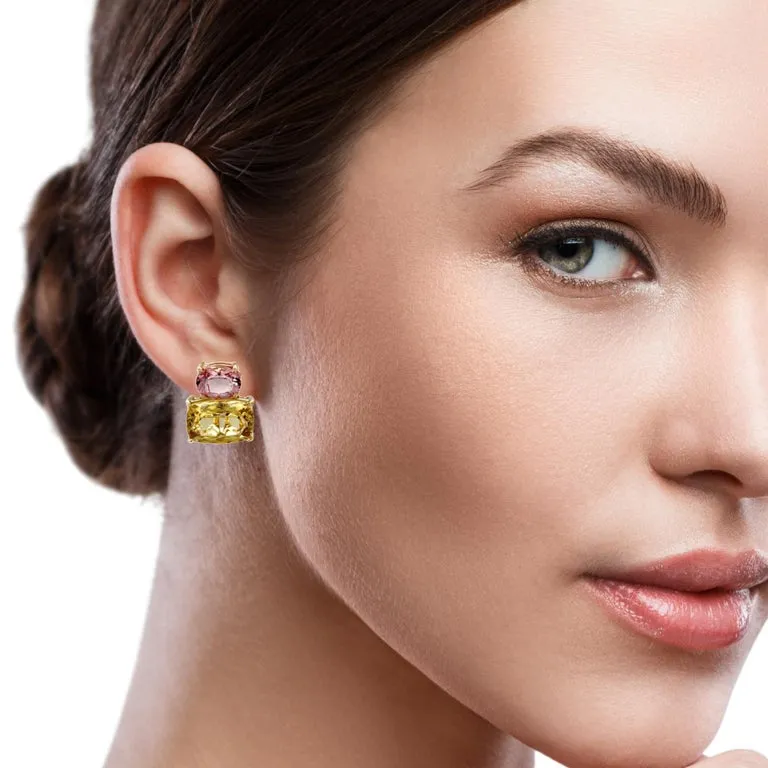 Golden Beryl and Morganite Earrings in 18k Yellow Gold with French Clip Backs