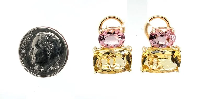 Golden Beryl and Morganite Earrings in 18k Yellow Gold with French Clip Backs