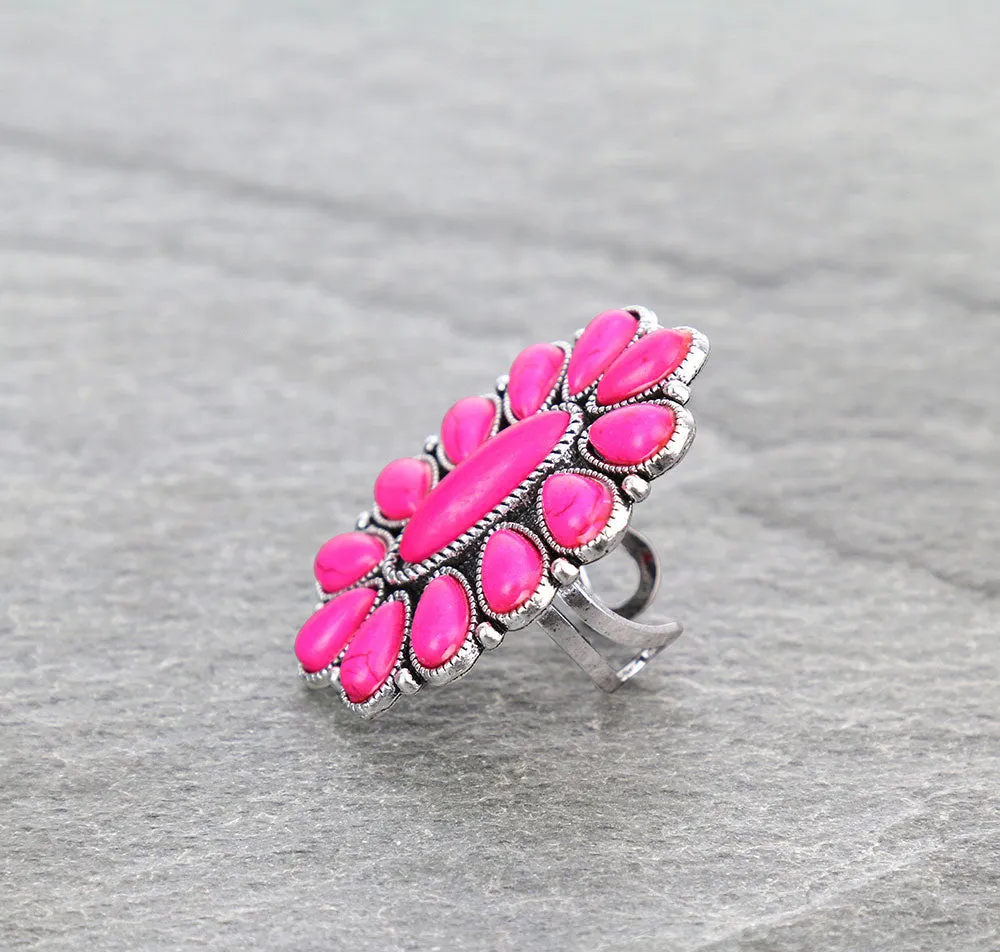 Gracie Fashion Center Oval Cluster Cuff Ring - Fuchsia