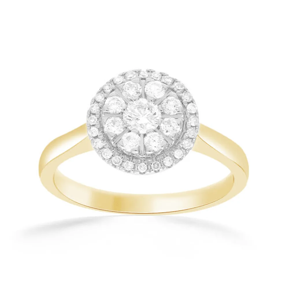 Halo Ring with 1/2ct of Diamonds in 9ct Yellow Gold