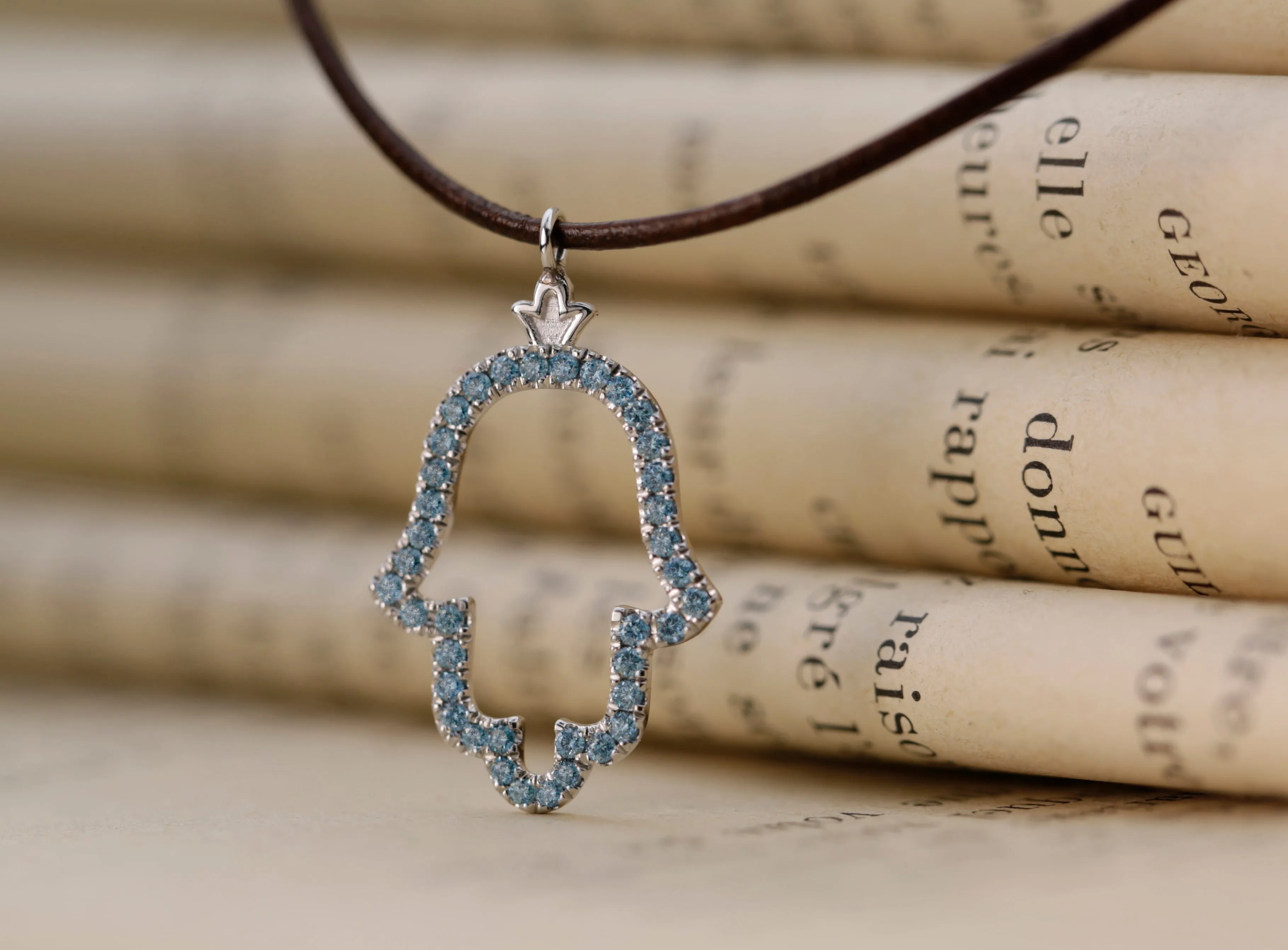 Hamsa Pendant set with Colored Blue Diamonds