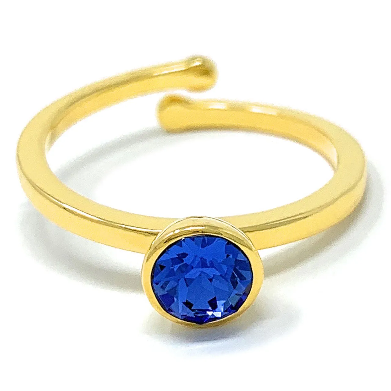 Harley Adjustable Ring with Blue Sapphire Round Crystals from Swarovski Gold Plated