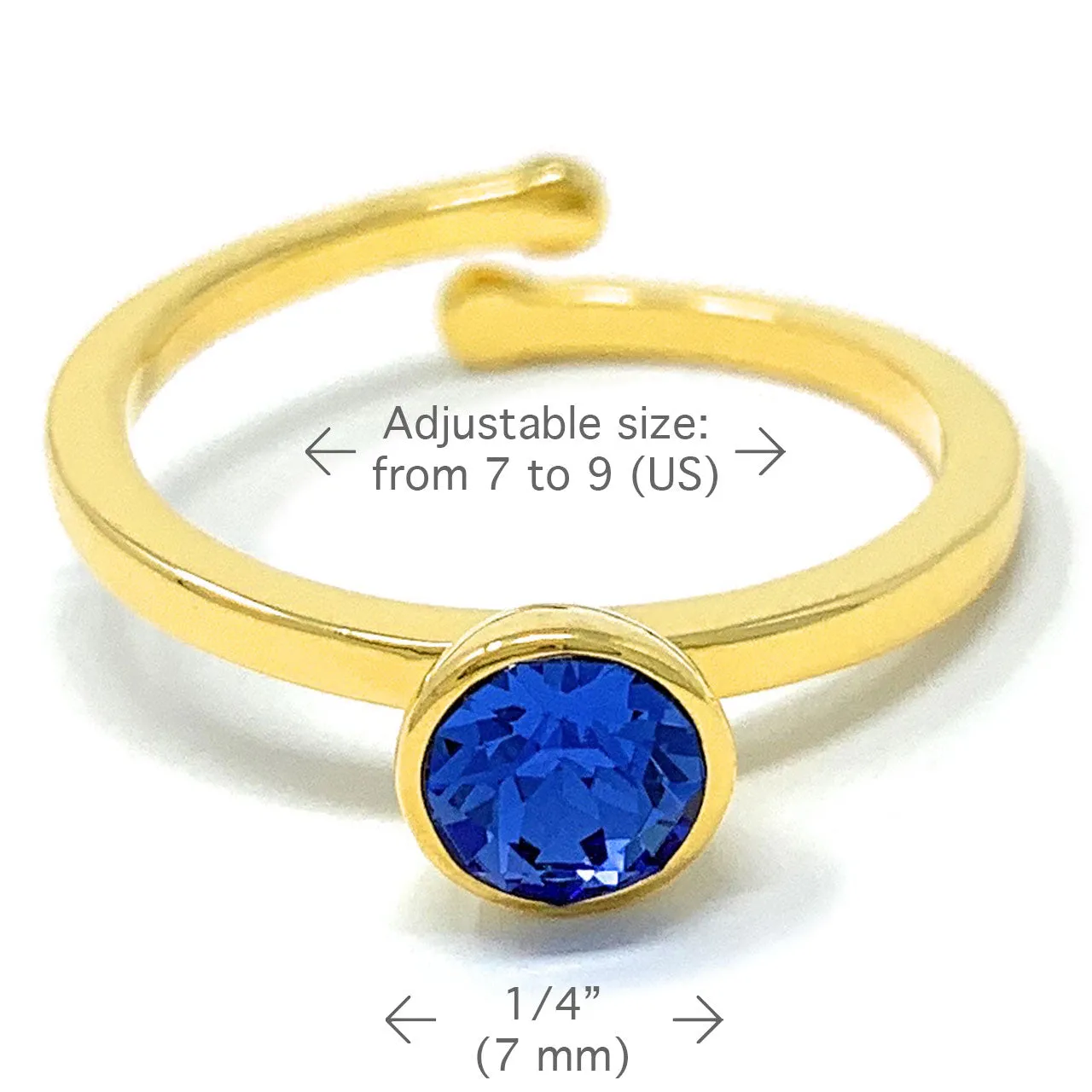 Harley Adjustable Ring with Blue Sapphire Round Crystals from Swarovski Gold Plated
