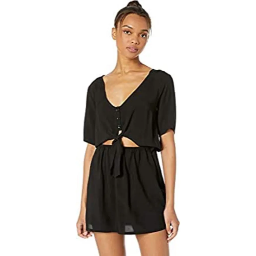 HURLEY WOVEN SHORT SLEEVE TIE DRESS BLACK