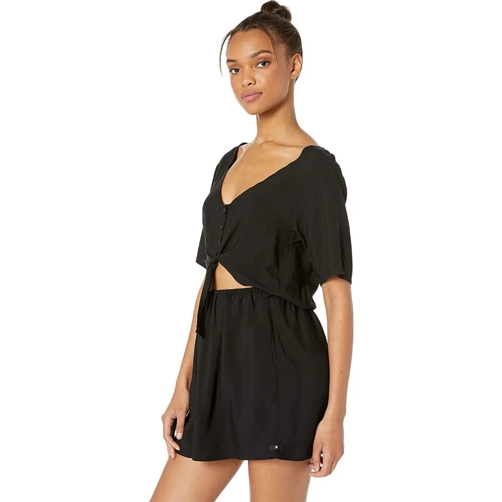 HURLEY WOVEN SHORT SLEEVE TIE DRESS BLACK