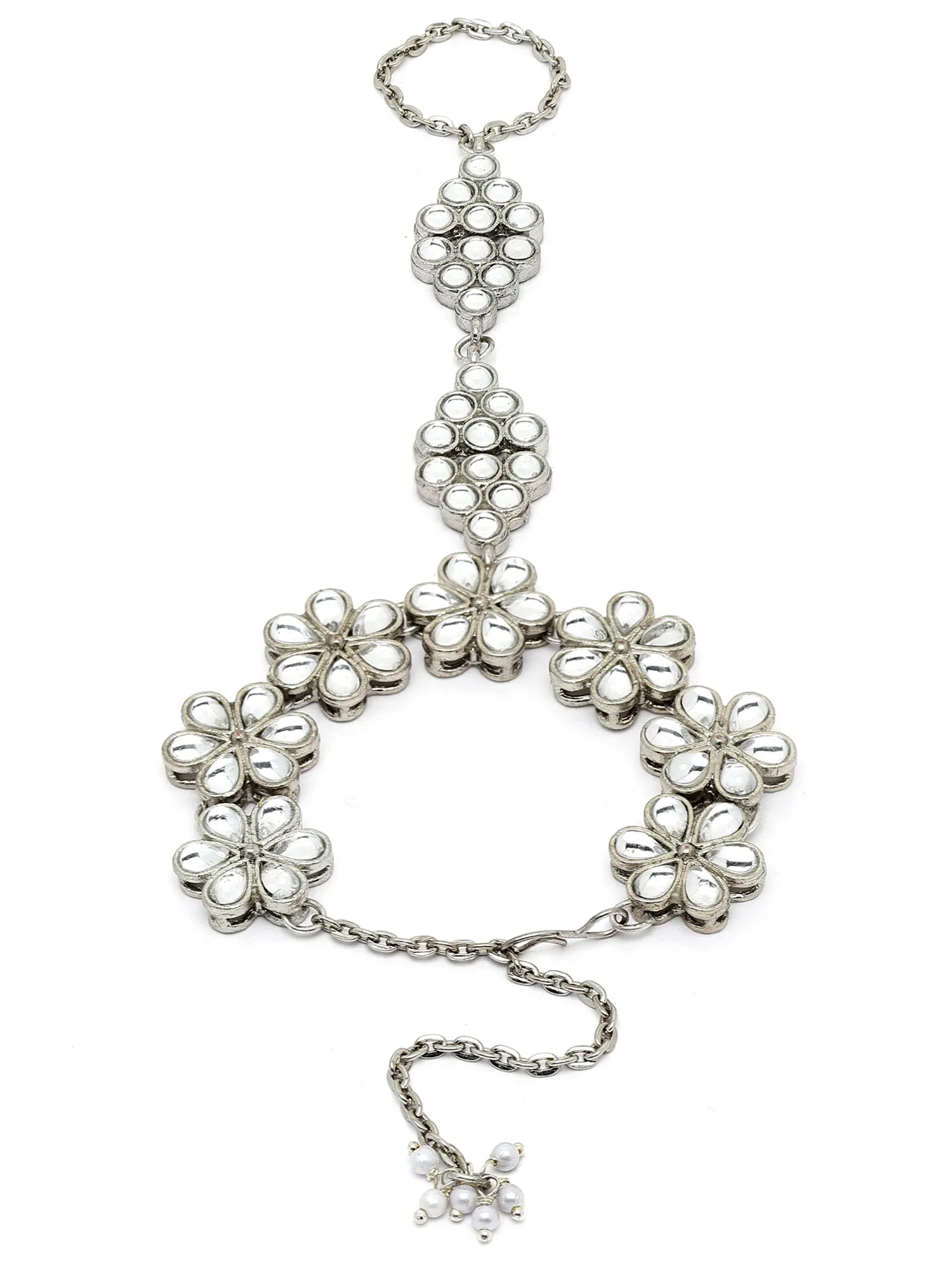 Karatcart Oxidised Silver Floral Kundan Chain Hathphool for Women