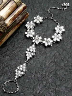 Karatcart Oxidised Silver Floral Kundan Chain Hathphool for Women