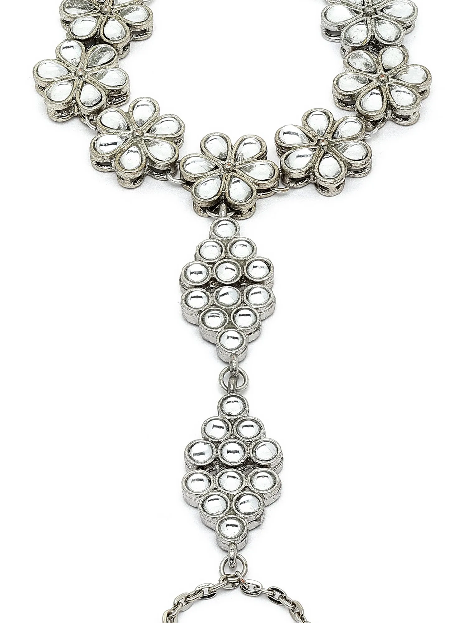 Karatcart Oxidised Silver Floral Kundan Chain Hathphool for Women