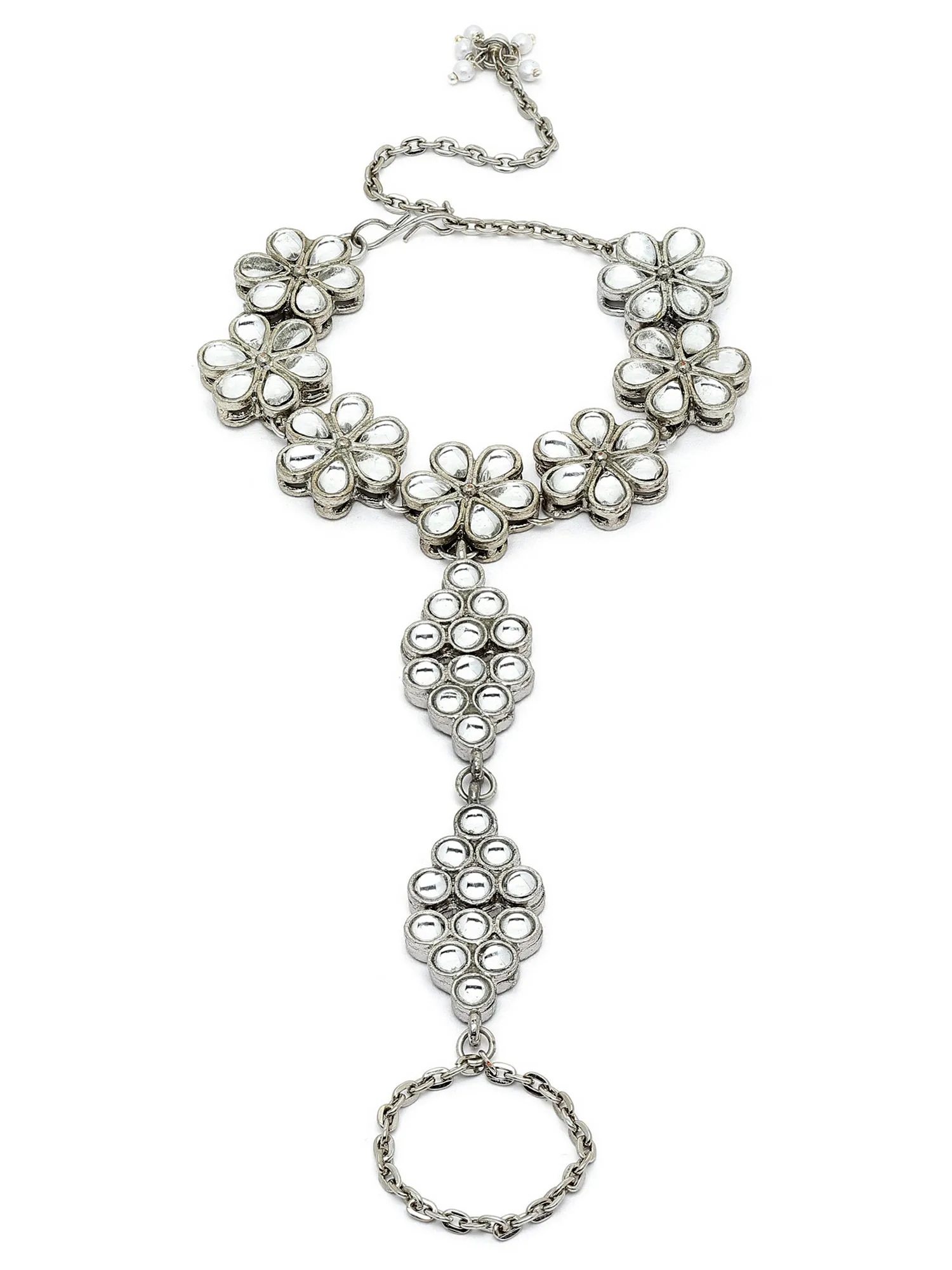 Karatcart Oxidised Silver Floral Kundan Chain Hathphool for Women