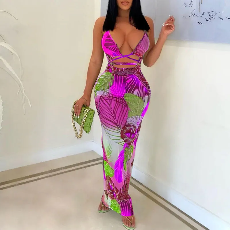 Leaf Print Deep V-Neck Spaghetti Strap Bandage Maxi Dress