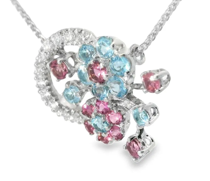 Magnificent Estate 18K White Gold Tourmaline Topaz Diamond Floral Necklace