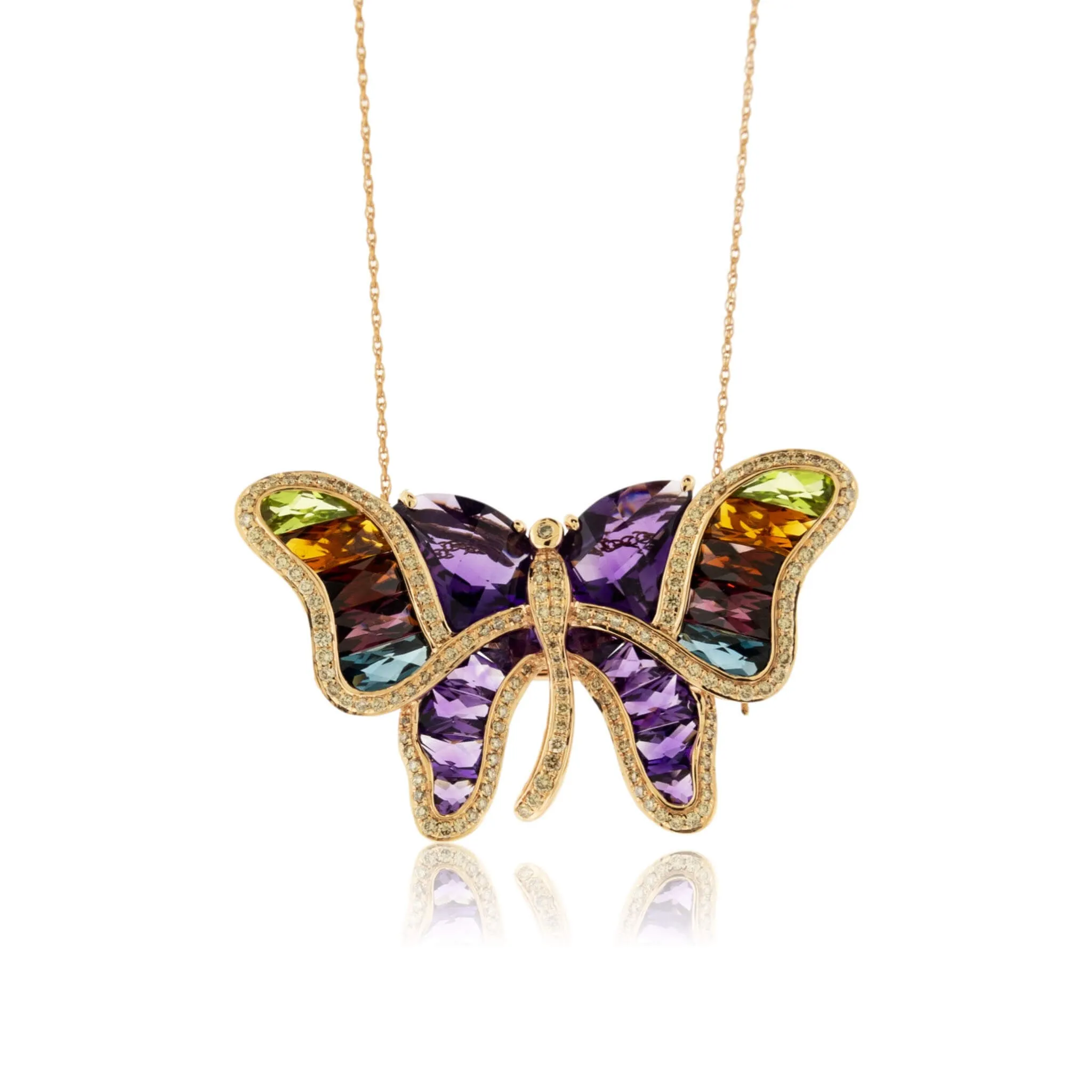 Mixed Gemstone & Diamond Butterfly Brooch - Pendant