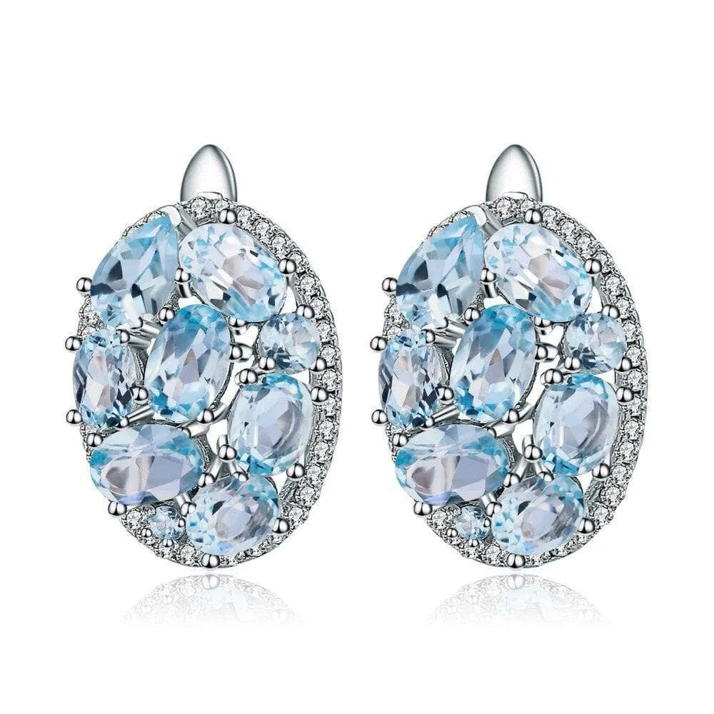 Natural Sky Blue Topaz Oval Clip Earrings