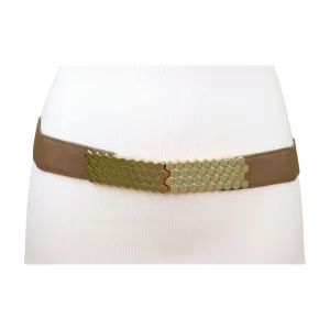 New Women Brown Taupe Elastic Skinny Fashion Belt Gold Metal Beehive S M
