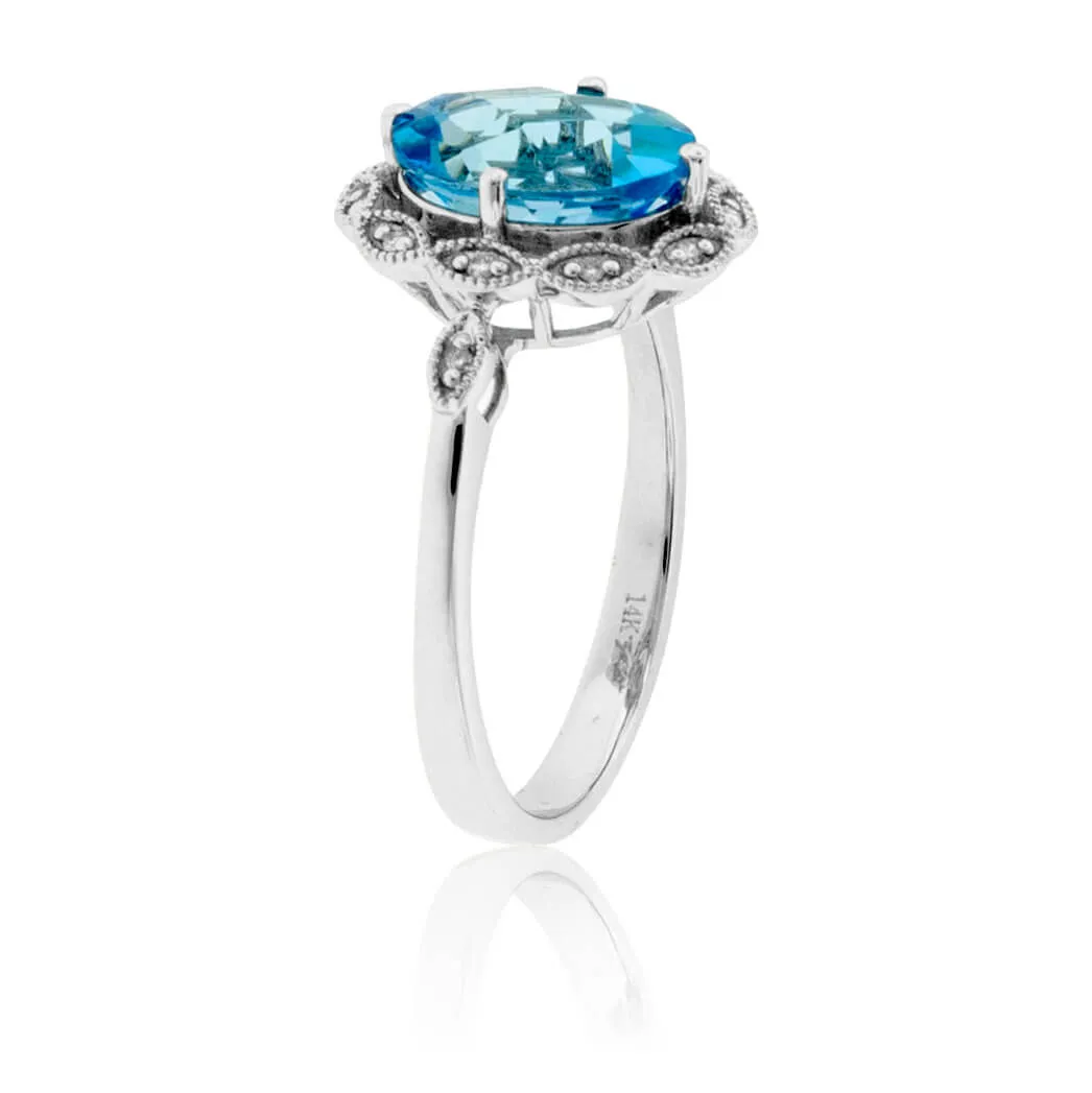 Oval Cut Blue Topaz with Diamond Scalloped Halo Ring
