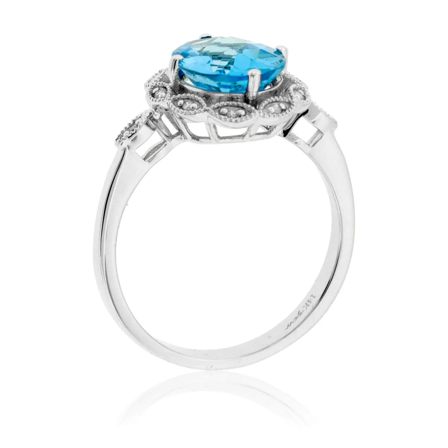 Oval Cut Blue Topaz with Diamond Scalloped Halo Ring