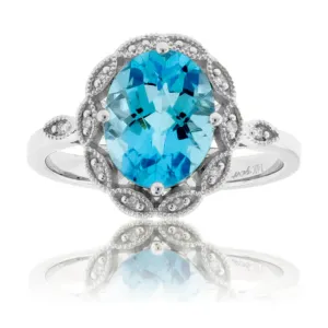 Oval Cut Blue Topaz with Diamond Scalloped Halo Ring