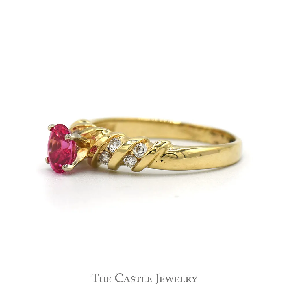 Oval Pink Topaz And Diamond Ring With .25 CTTW Channel-Set Diamonds In 14KT Yellow Gold