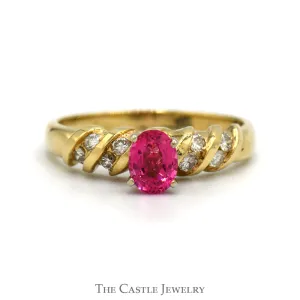 Oval Pink Topaz And Diamond Ring With .25 CTTW Channel-Set Diamonds In 14KT Yellow Gold