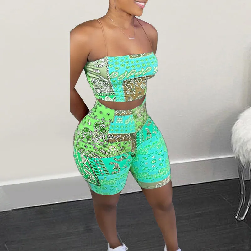Paisley Print Spaghetti Strap Crop Top & Shorts Set