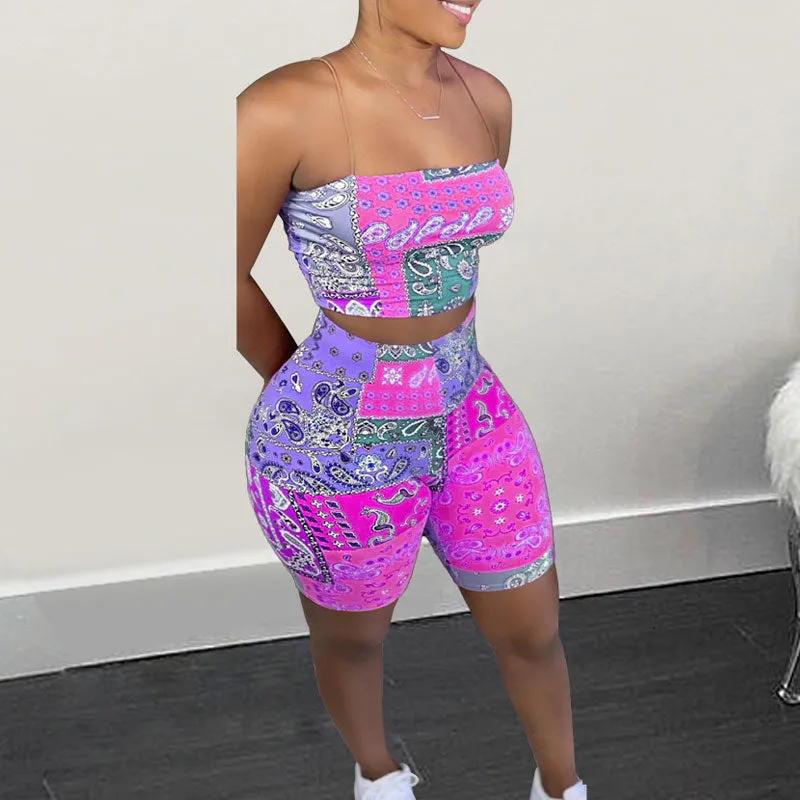 Paisley Print Spaghetti Strap Crop Top & Shorts Set