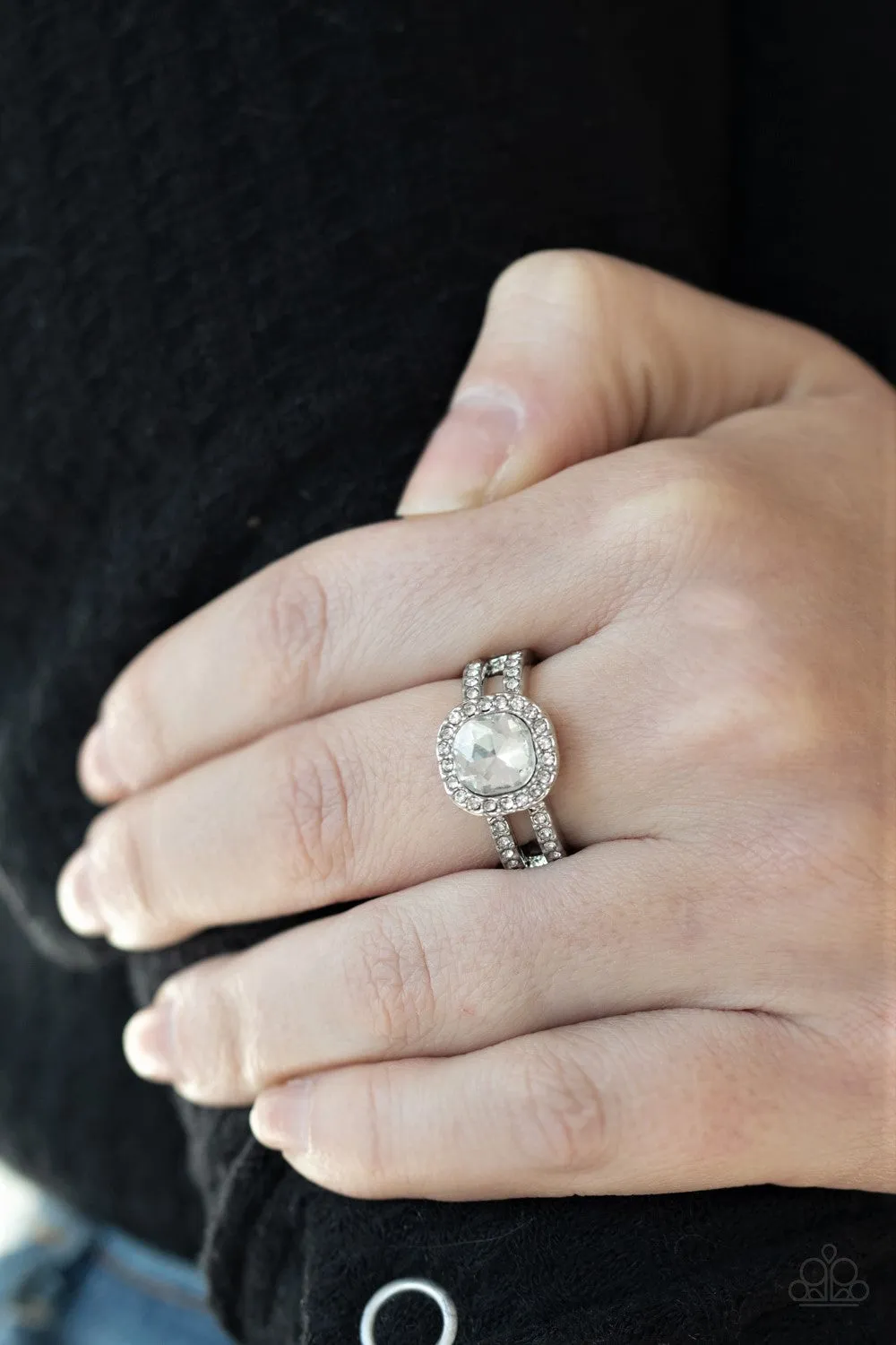 Paparazzi " Countess Charm " Silver Clear Rhinestone Square Dainty Halo Elastic Back Ring