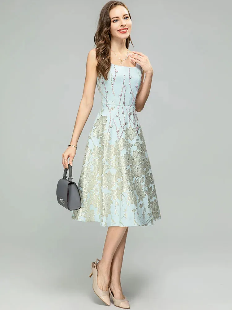 Paulina Spaghetti Strap Crystal Jacquard Crystal Beading High Waist Knee-Length Dress