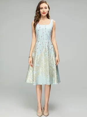 Paulina Spaghetti Strap Crystal Jacquard Crystal Beading High Waist Knee-Length Dress