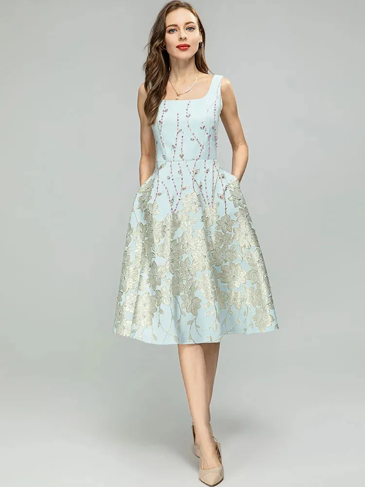Paulina Spaghetti Strap Crystal Jacquard Crystal Beading High Waist Knee-Length Dress