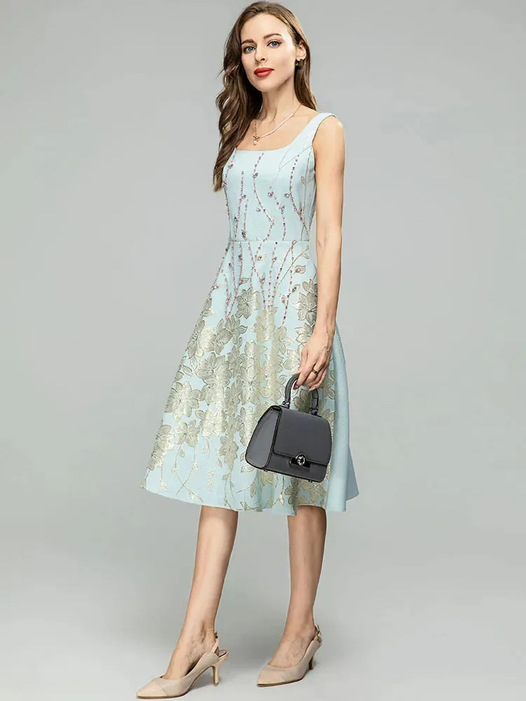 Paulina Spaghetti Strap Crystal Jacquard Crystal Beading High Waist Knee-Length Dress