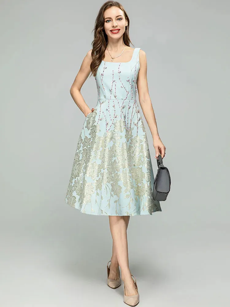 Paulina Spaghetti Strap Crystal Jacquard Crystal Beading High Waist Knee-Length Dress