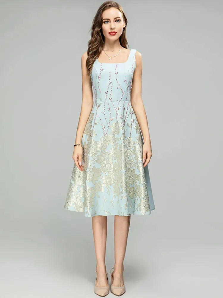 Paulina Spaghetti Strap Crystal Jacquard Crystal Beading High Waist Knee-Length Dress
