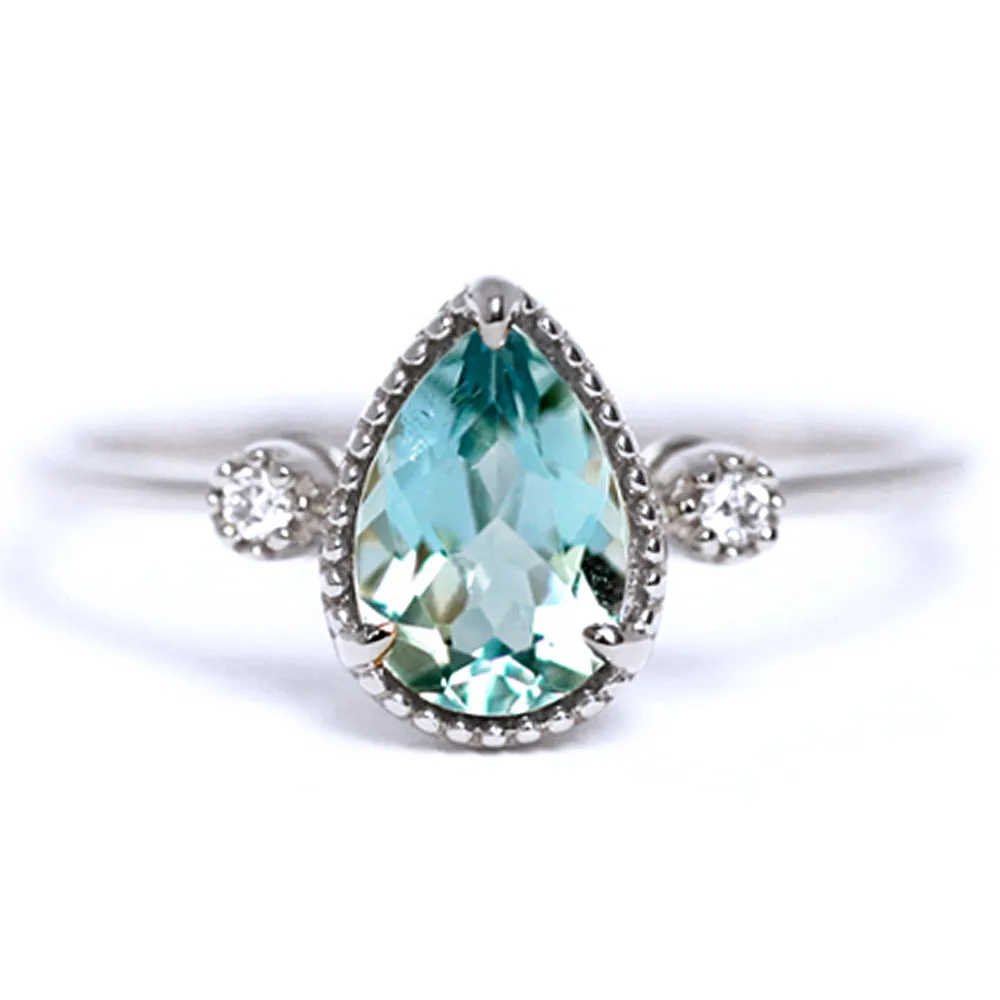 Pear Shaped Aquamarine & Diamond Three Stone Ring
