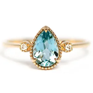 Pear Shaped Aquamarine & Diamond Three Stone Ring