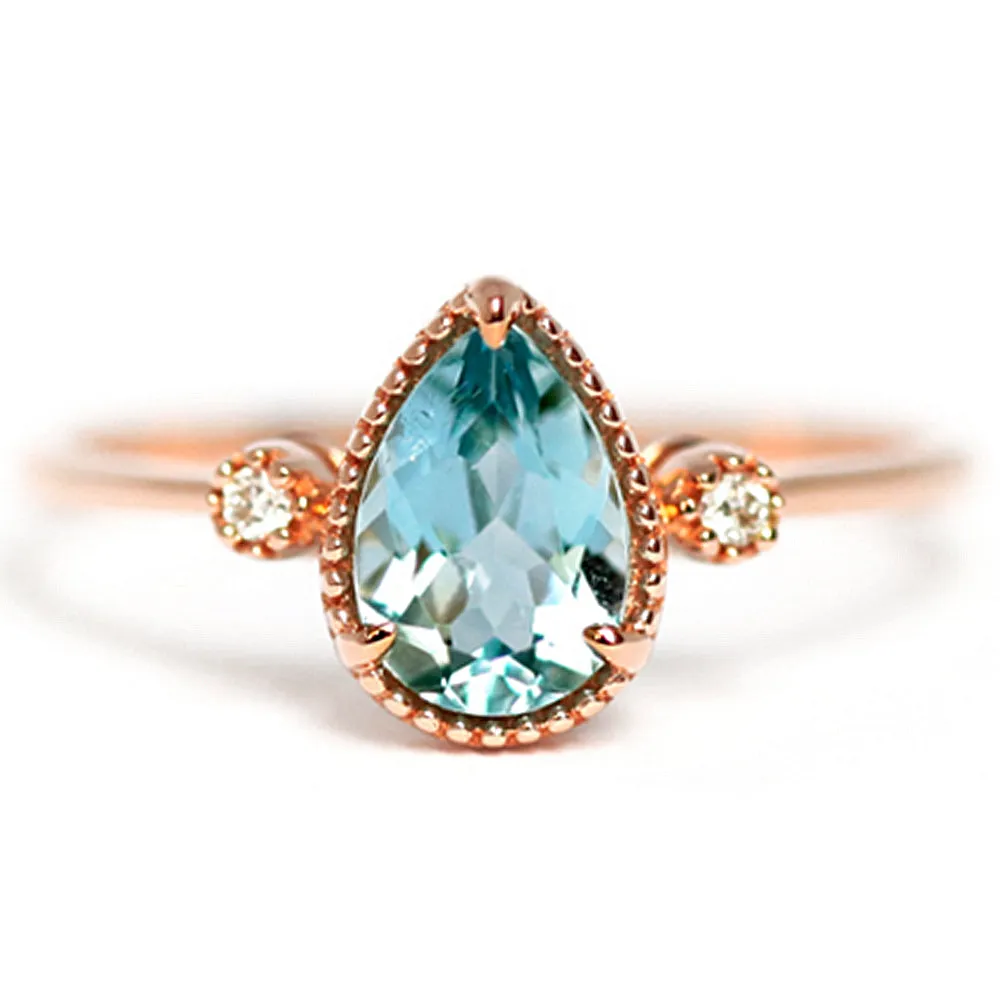 Pear Shaped Aquamarine & Diamond Three Stone Ring