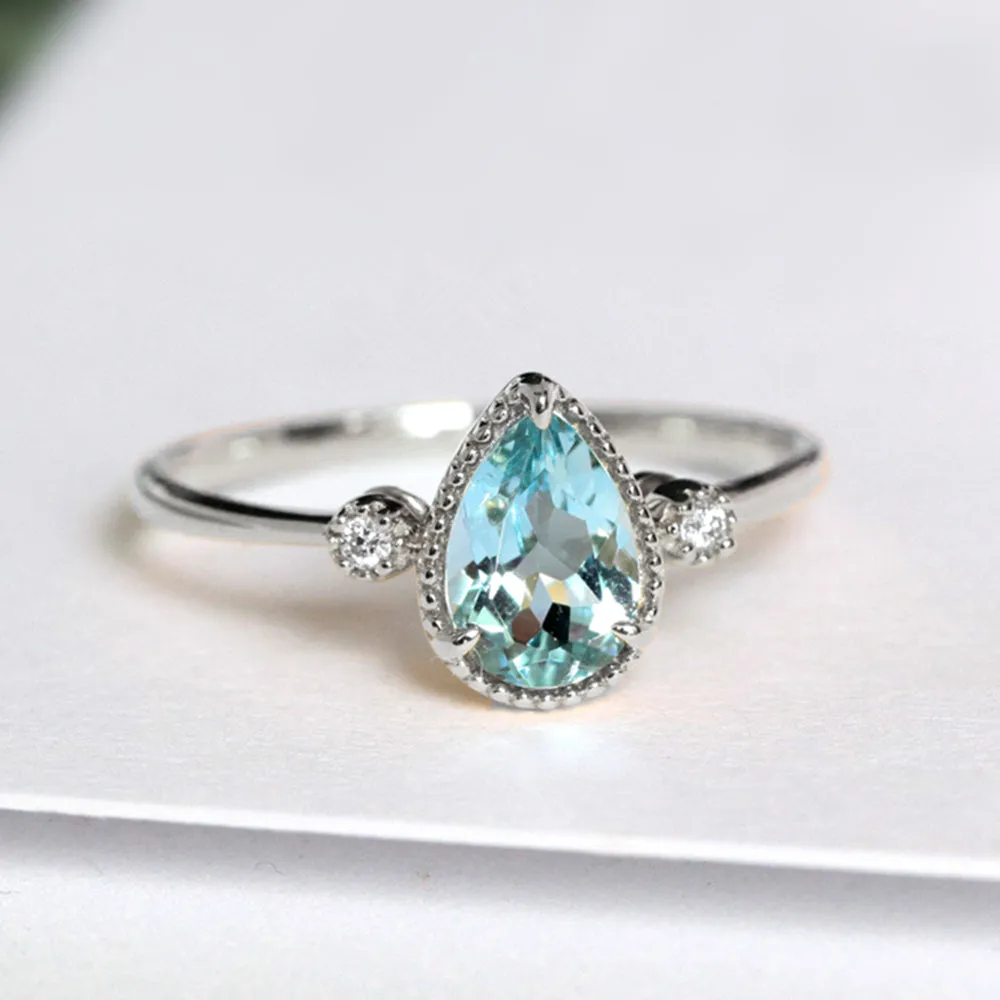 Pear Shaped Aquamarine & Diamond Three Stone Ring