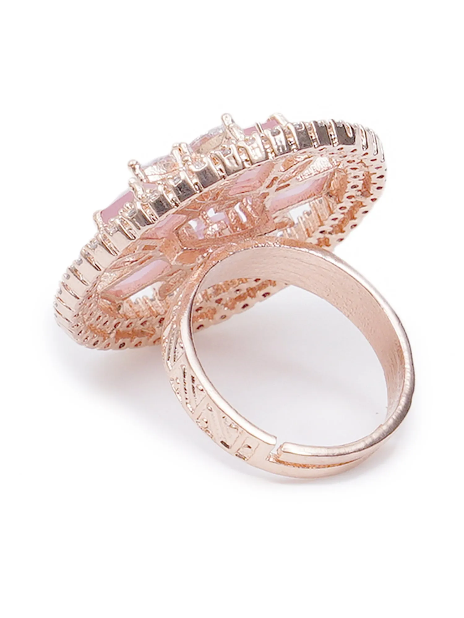 Pink American Diamond Studded Floral Adjustable Ring for Women