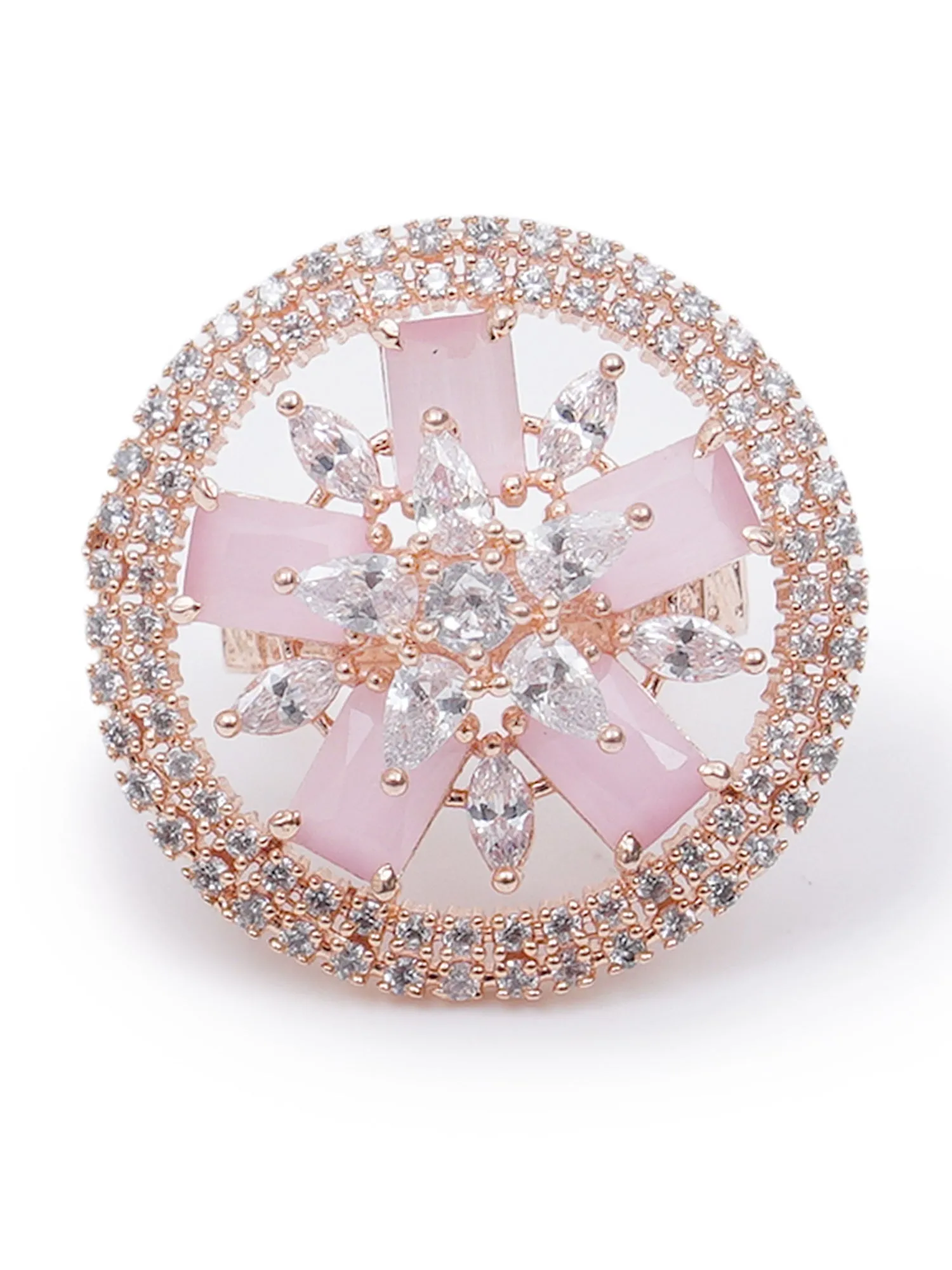 Pink American Diamond Studded Floral Adjustable Ring for Women