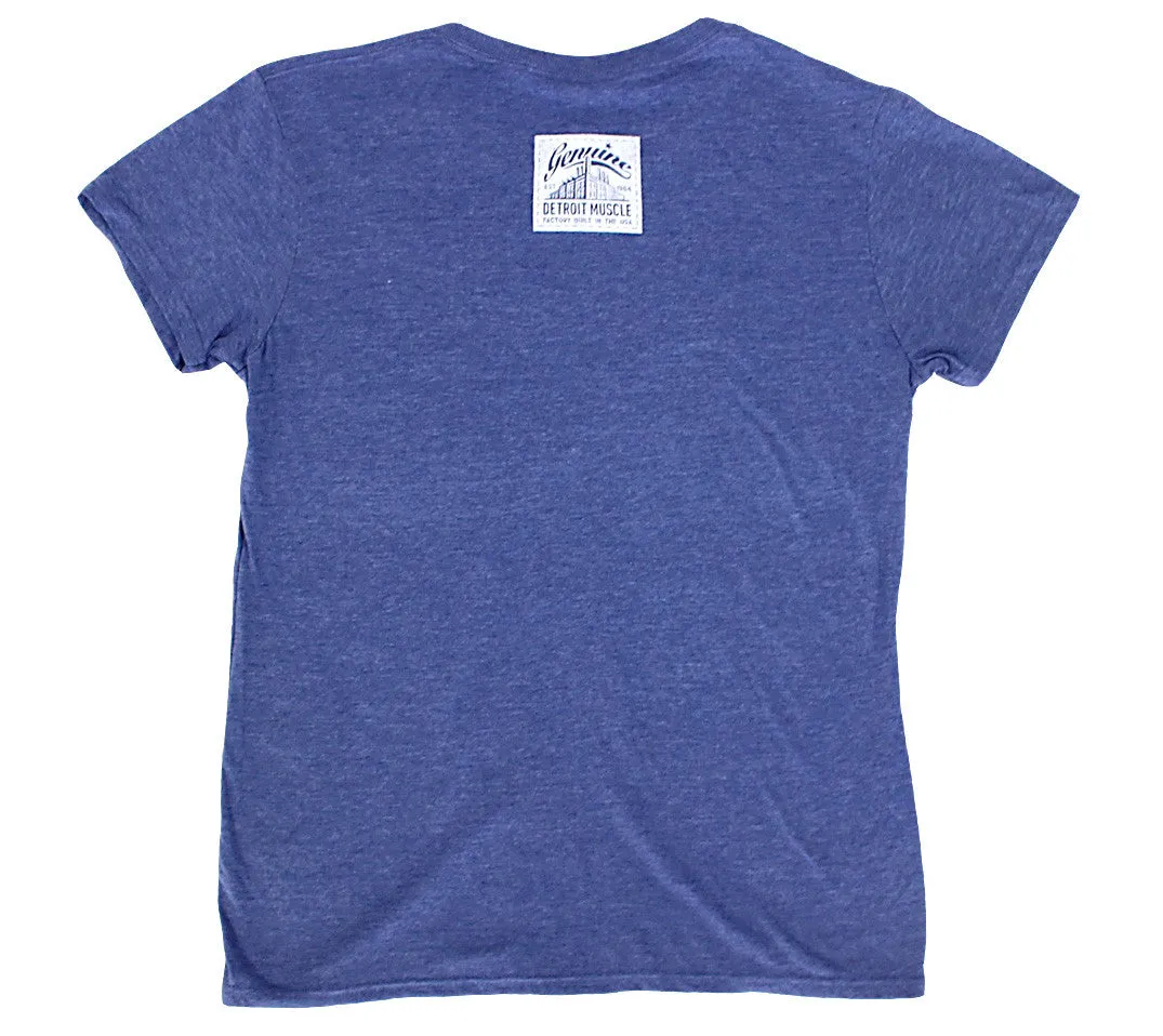 Pontiac Muscle Logo Front, Small Factory Tag Back, Heather Blue, Ladies T