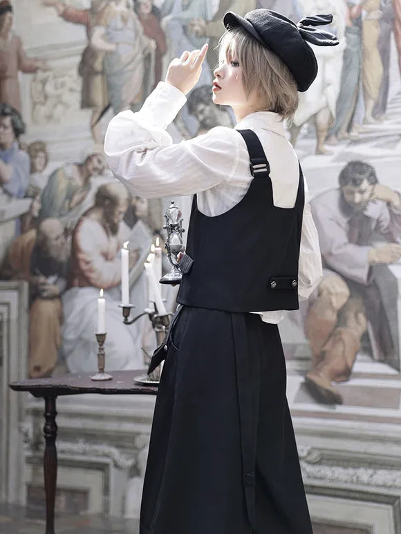 【Pre-sell】 Gothic Lolita Ouji Fashion Black Asymmetrical Shoulder Strap Waistcoat