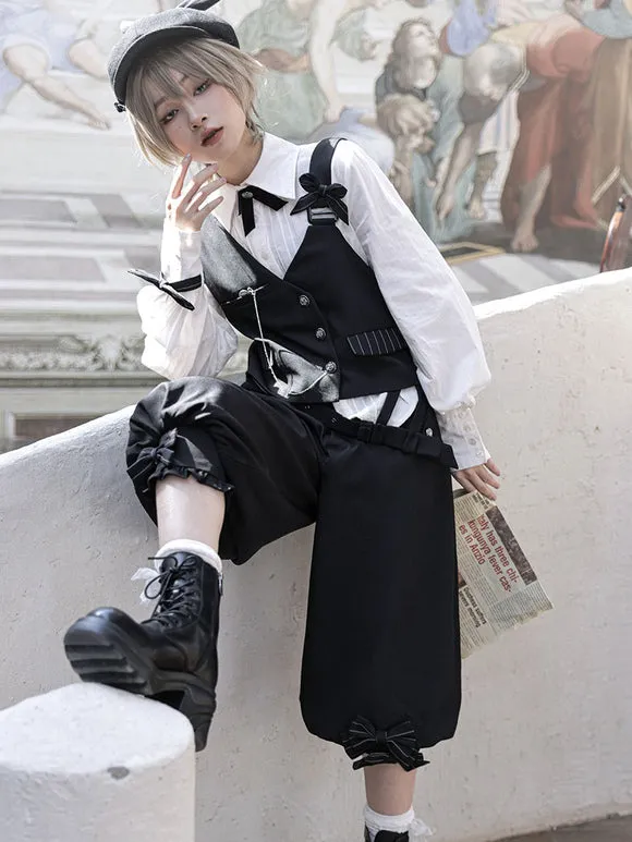 【Pre-sell】 Gothic Lolita Ouji Fashion Black Asymmetrical Shoulder Strap Waistcoat