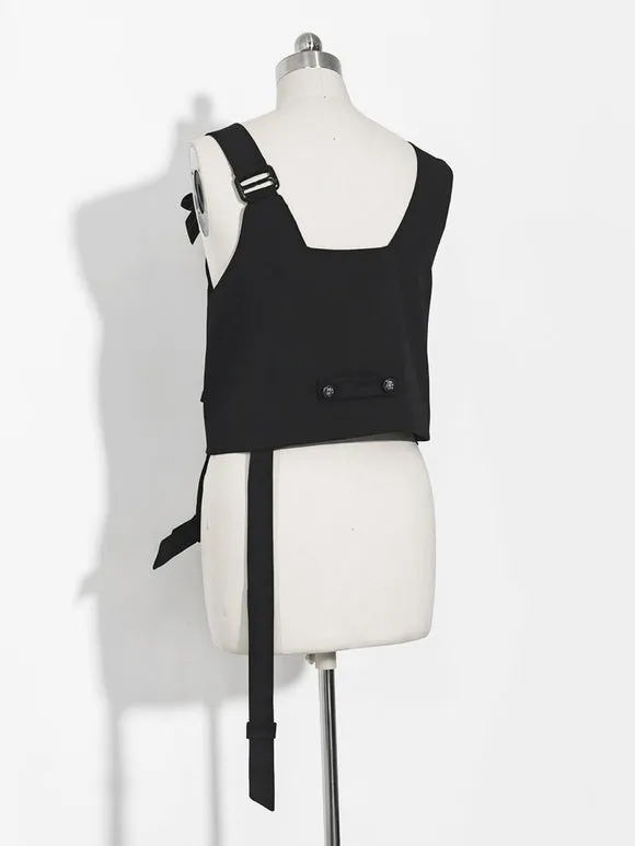【Pre-sell】 Gothic Lolita Ouji Fashion Black Asymmetrical Shoulder Strap Waistcoat