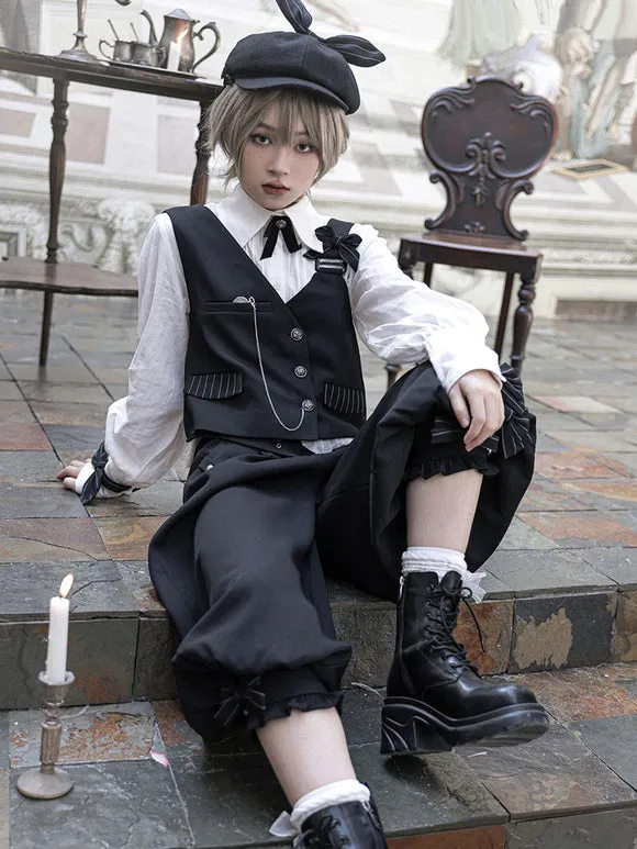 【Pre-sell】 Gothic Lolita Ouji Fashion Black Asymmetrical Shoulder Strap Waistcoat