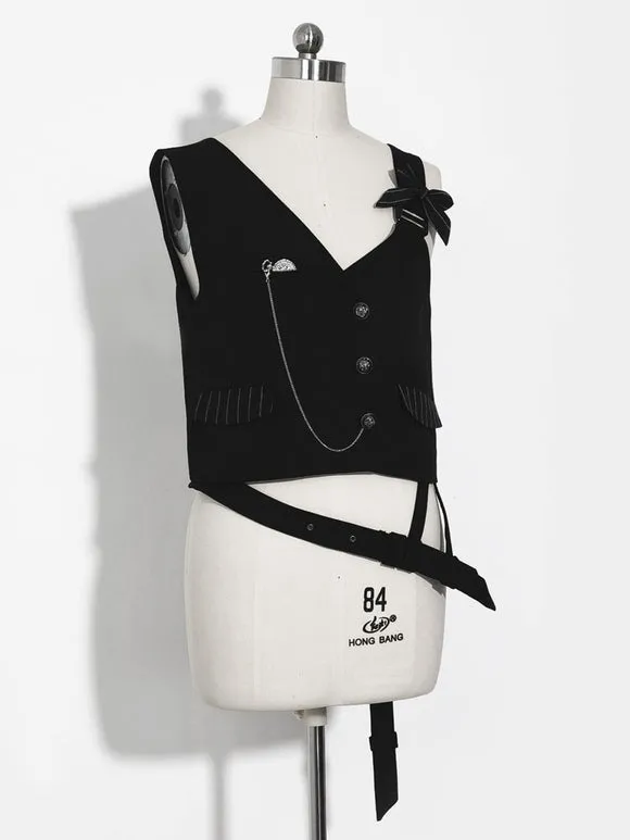 【Pre-sell】 Gothic Lolita Ouji Fashion Black Asymmetrical Shoulder Strap Waistcoat