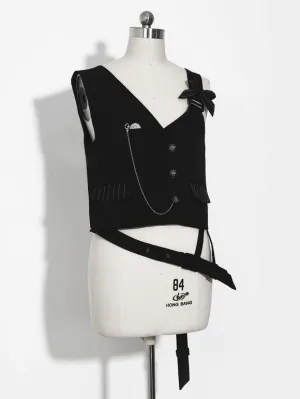 【Pre-sell】 Gothic Lolita Ouji Fashion Black Asymmetrical Shoulder Strap Waistcoat