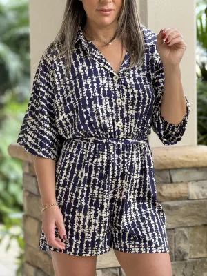 "Bianca" Long Sleeve Button Down Elastic Waisted Belted Romper