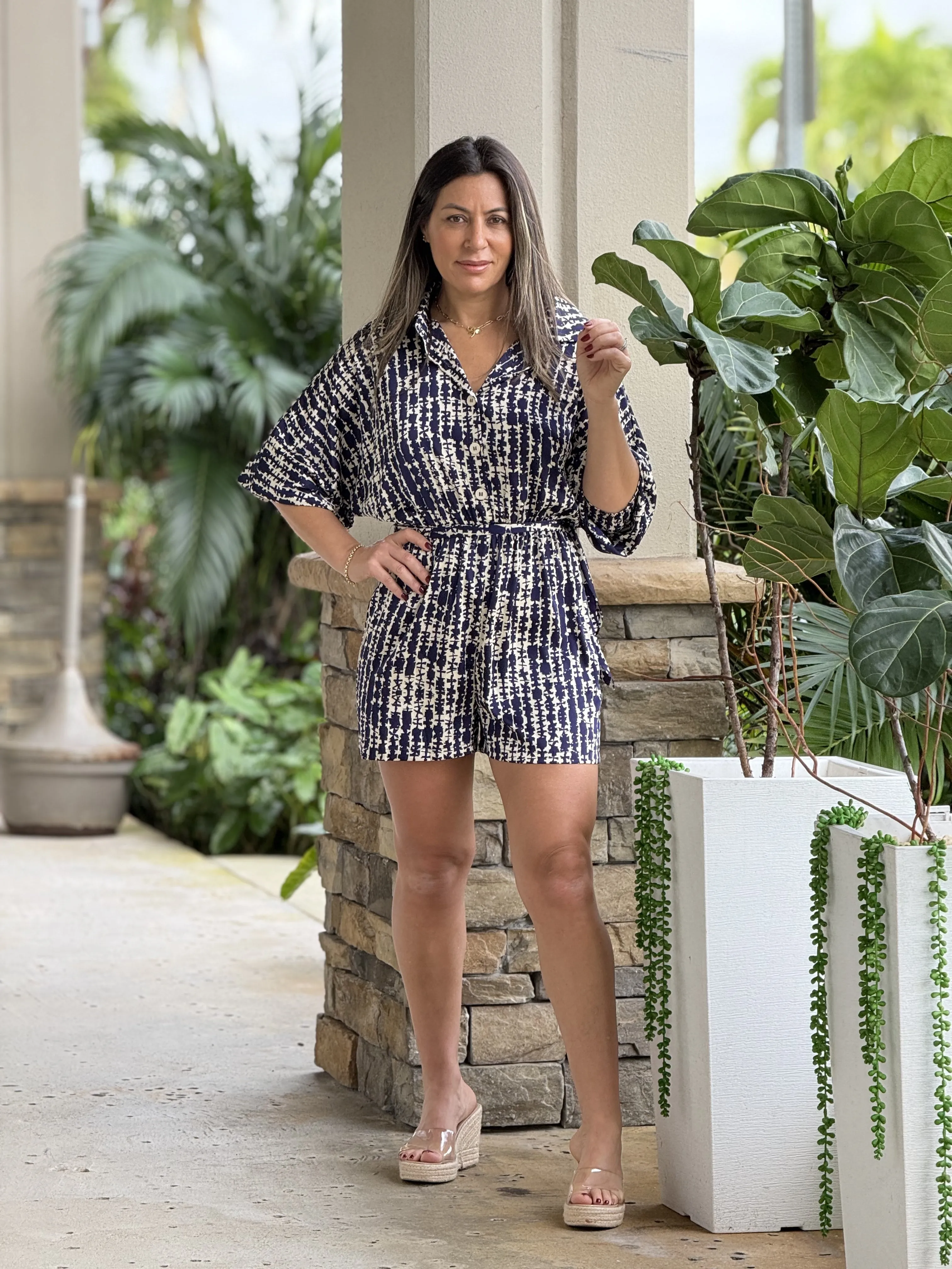 "Bianca" Long Sleeve Button Down Elastic Waisted Belted Romper